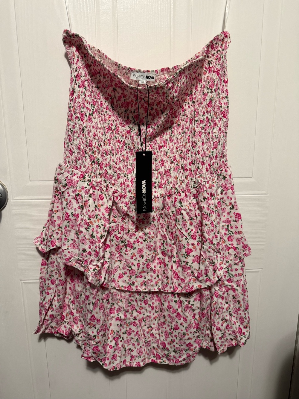 Fashion Nova Pink Floral Smocked Ruffle sleeveless dress